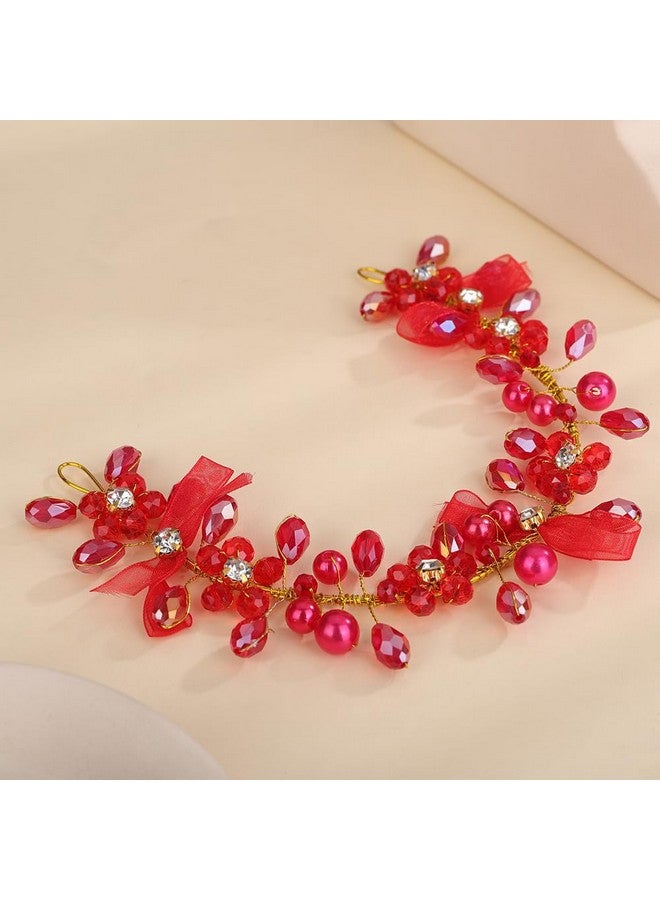 BERYUAN Red Rhinestone Pearls Headpiece Flower Girls Knotted Hair Piece Silver Gold Princess Rhinestone Pearls Hair Vine Wedding Hair Accessories For Brides Bridesmaid (Red) - Image 2