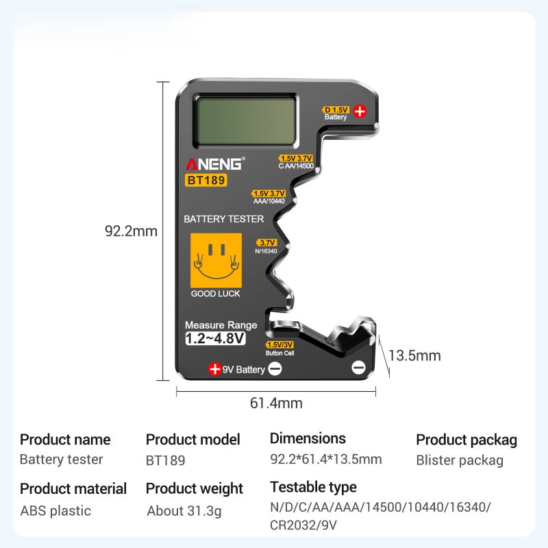BT189 Battery Tester for C, AA, AAA, D, N, 9V 6F22 Batteries 1.5V 3V Button Cell Battery Gauge Electric Tools - Image 4