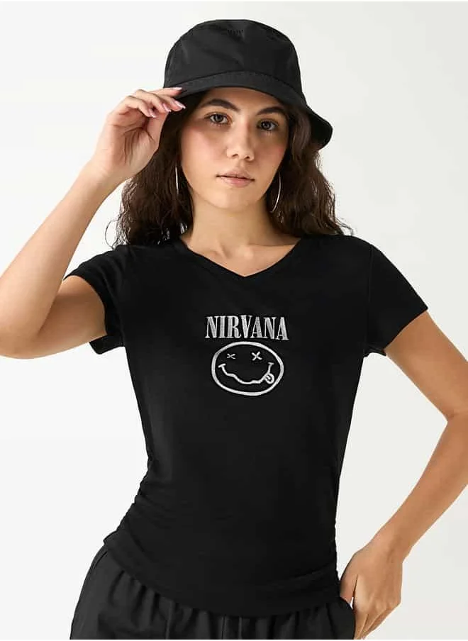 SP Characters Nirvana Print V-neck T-shirt with Short Sleeves