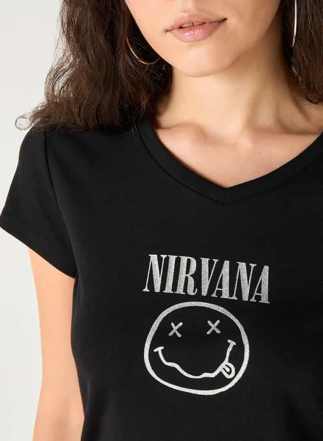 SP Characters Nirvana Print V-neck T-shirt with Short Sleeves