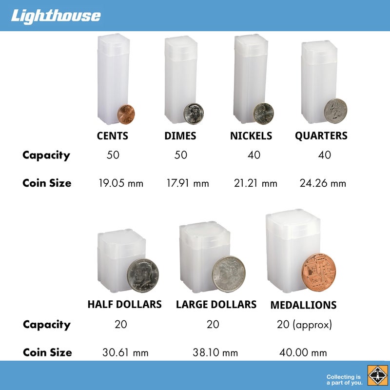 Lighthouse - Square Coin Tubes - Convenient Push Top, Virtually Unbreakable, Acid Free and Archival Quality - Coin Tubes for US Penny, 10 Pack - Image 3
