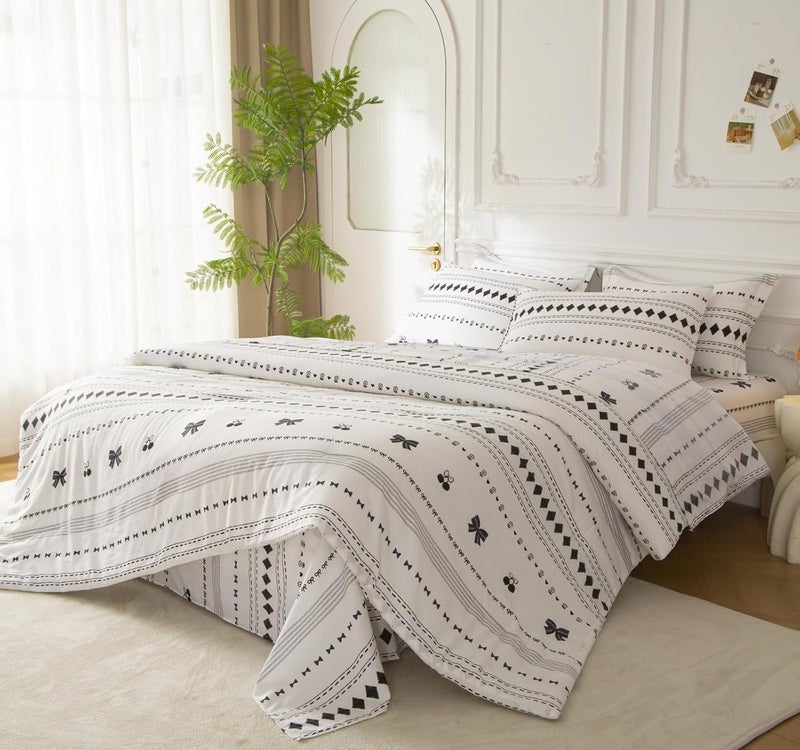 SDY 7PCS Bow Floral,Cherry Comforter and Sheet Set Queen Sizeï¼ŒBoho Print Pattern Bedding Sets Includes 1*Comforter,1* Flat Sheet, 1*Fitted Sheet,2*Pillowcases and 2*PillowcaseShams - Image 2