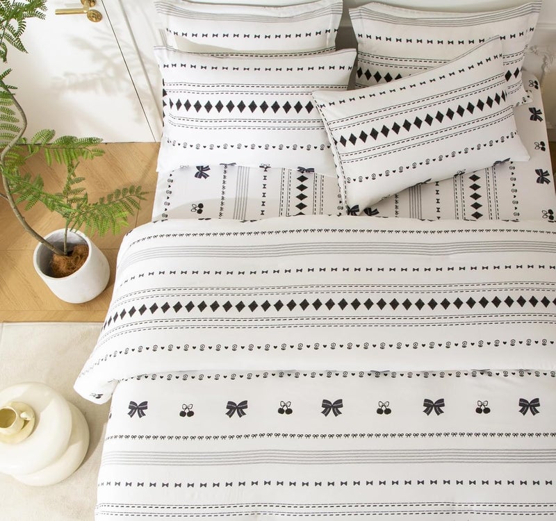 SDY 7PCS Bow Floral,Cherry Comforter and Sheet Set Queen Sizeï¼ŒBoho Print Pattern Bedding Sets Includes 1*Comforter,1* Flat Sheet, 1*Fitted Sheet,2*Pillowcases and 2*PillowcaseShams - Image 1
