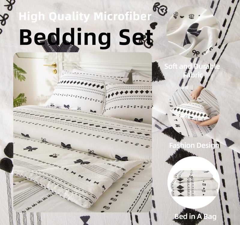 SDY 7PCS Bow Floral,Cherry Comforter and Sheet Set Queen Sizeï¼ŒBoho Print Pattern Bedding Sets Includes 1*Comforter,1* Flat Sheet, 1*Fitted Sheet,2*Pillowcases and 2*PillowcaseShams - Image 3