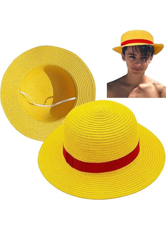 Halamodo Luffy القش قبعة,الأصفر الأداء الرسوم المتحركة قبعات كوسبلاي,أزياء الأنيمي قبعات,قبعات الشاطئ الصيفية مع سلسلة للبنات الأولاد النساء حفلة الهالوين زي القراصنة - Image 1