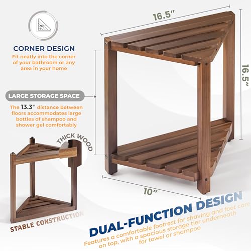 BLUEWEST Corner Shower Stool, Wooden Corner Shower Bench for Shaving Legs Inside Shower, Waterproof Shower Foot Rest with Storage Shelf, Shower Seats and Benches (Walnut) - Image 3