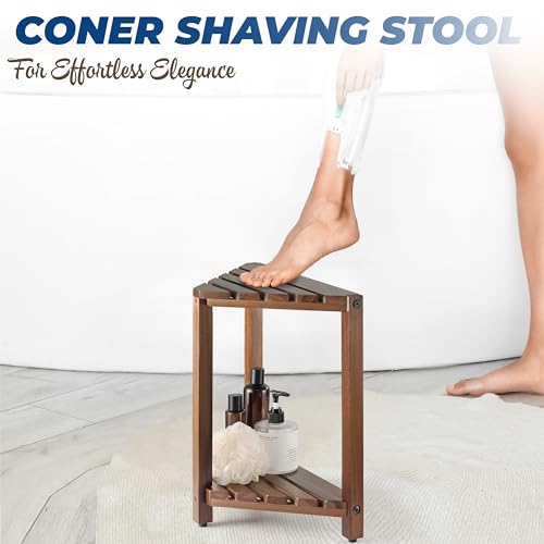 BLUEWEST Corner Shower Stool, Wooden Corner Shower Bench for Shaving Legs Inside Shower, Waterproof Shower Foot Rest with Storage Shelf, Shower Seats and Benches (Walnut) - Image 5