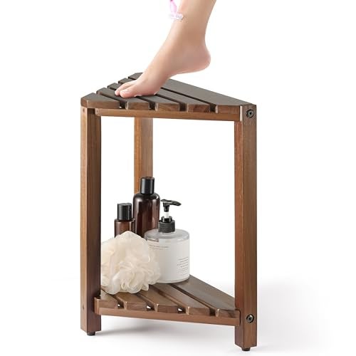 BLUEWEST Corner Shower Stool, Wooden Corner Shower Bench for Shaving Legs Inside Shower, Waterproof Shower Foot Rest with Storage Shelf, Shower Seats and Benches (Walnut) - Image 1