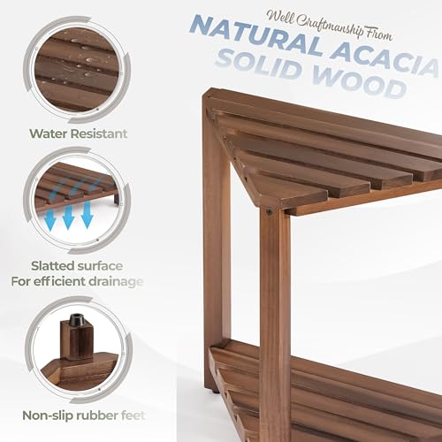 BLUEWEST Corner Shower Stool, Wooden Corner Shower Bench for Shaving Legs Inside Shower, Waterproof Shower Foot Rest with Storage Shelf, Shower Seats and Benches (Walnut) - Image 4