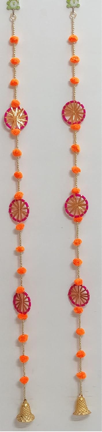 Juhi Creations 3 Chakri Orange Pom Pom Latkan 3 Ft Long with Bell for Home Decor  - Image 2
