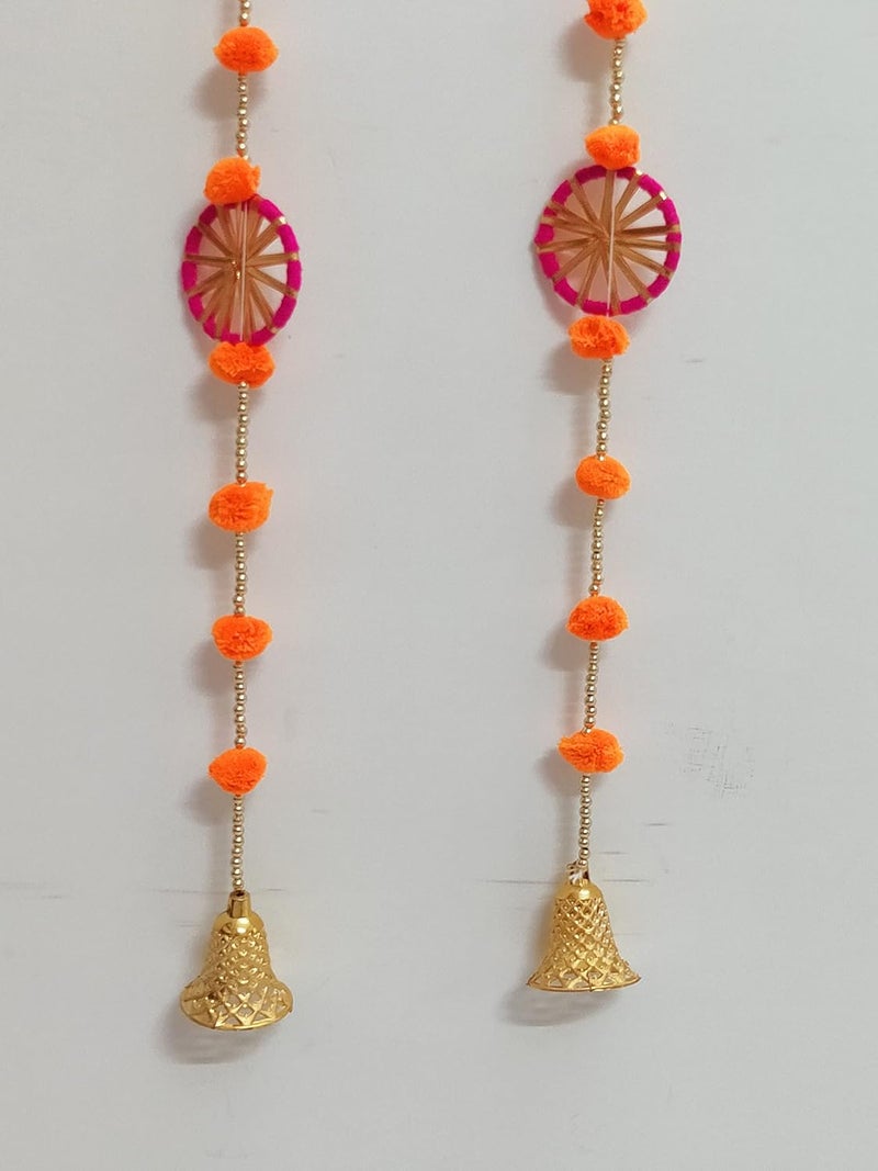 Juhi Creations 3 Chakri Orange Pom Pom Latkan 3 Ft Long with Bell for Home Decor  - Image 4