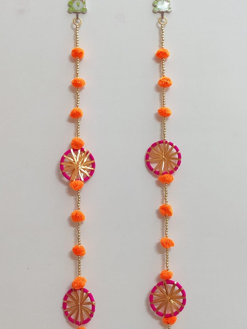 Juhi Creations 3 Chakri Orange Pom Pom Latkan 3 Ft Long with Bell for Home Decor  - Image 3