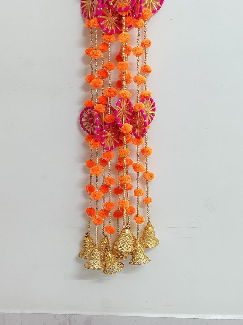 Juhi Creations 3 Chakri Orange Pom Pom Latkan 3 Ft Long with Bell for Home Decor  - Image 5