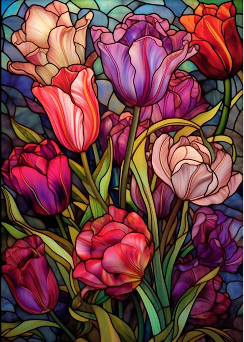 Tulips Diamond Art Painting Kits for Adults Stained Glass Flower Round Full Drill Diamond Dots Paintings for Beginners 5D Paint with Diamonds Pictures Gem Art Painting Kits DIY Crafts Project