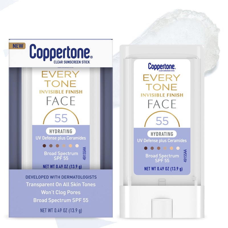 Coppertone Every Tone Invisible Finish Hydrating UV Defense Face Sunscreen Stick SPF 55 with Moisturizing Ceramides Blends in Clear Sunscreen for All Skin Tones 049 Oz Stick - Image 3