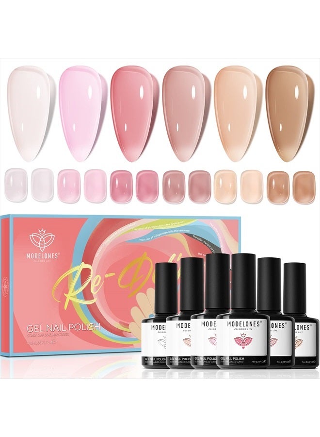modelones Gel Nail Polish 6 Colors Transparent Jelly Milky White Sheer Pink Neutral Nude Gel Polish Nail Kit Soak off U V Light Nail Polish French Nail Art Manicure DIY Salon Home for Women Girls - Image 1