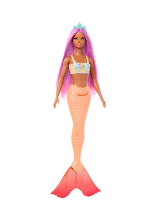 Mermaid Doll with Fantasy Hair in Pink with Headband Doll with Starfish Top and Soft Orange Tail HRR05 - view 5