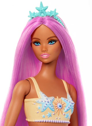Mermaid Doll with Fantasy Hair in Pink with Headband Doll with Starfish Top and Soft Orange Tail HRR05 - view 2