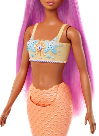 Mermaid Doll with Fantasy Hair in Pink with Headband Doll with Starfish Top and Soft Orange Tail HRR05 - view 3