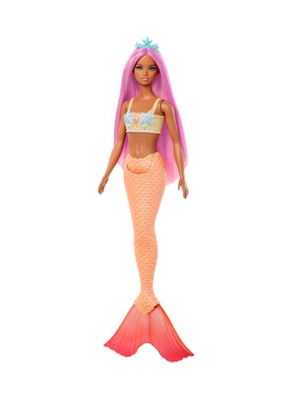 Mermaid Doll with Fantasy Hair in Pink with Headband Doll with Starfish Top and Soft Orange Tail HRR05 - view 4