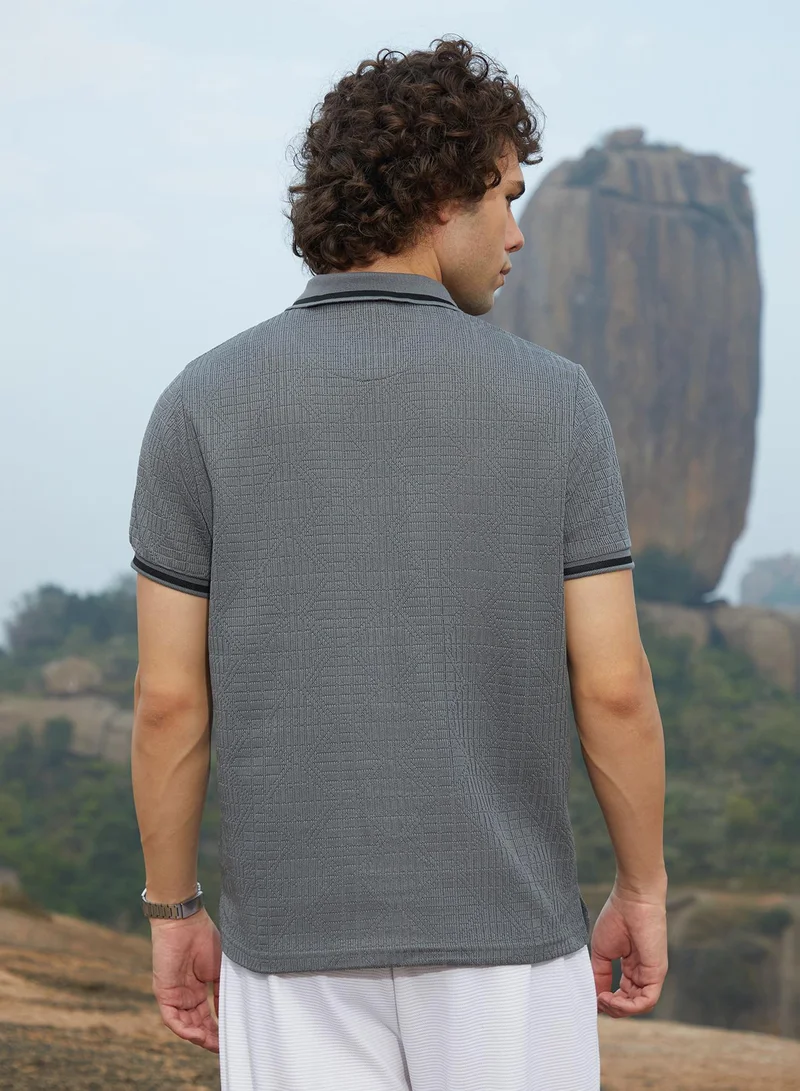 Campus Sutra Men's Moon Grey Oblique-Stripe Polo T-Shirt