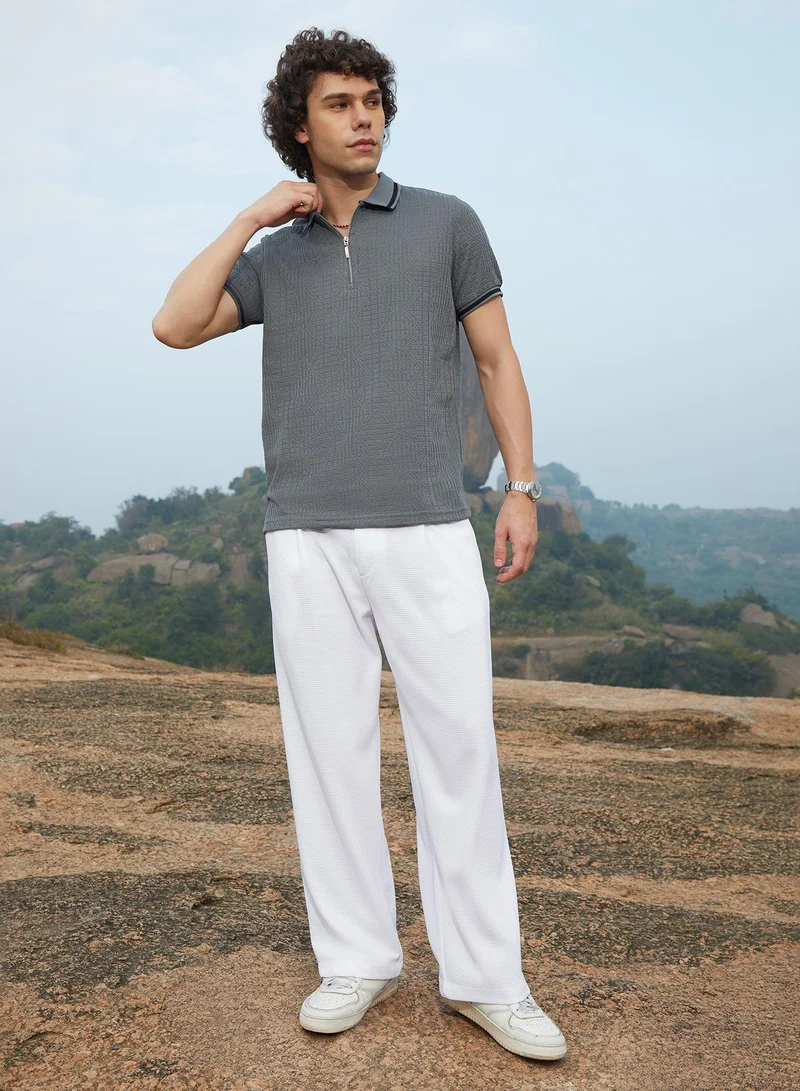 Campus Sutra Men's Moon Grey Oblique-Stripe Polo T-Shirt
