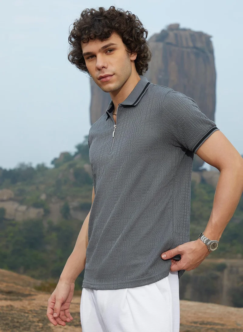 Campus Sutra Men's Moon Grey Oblique-Stripe Polo T-Shirt