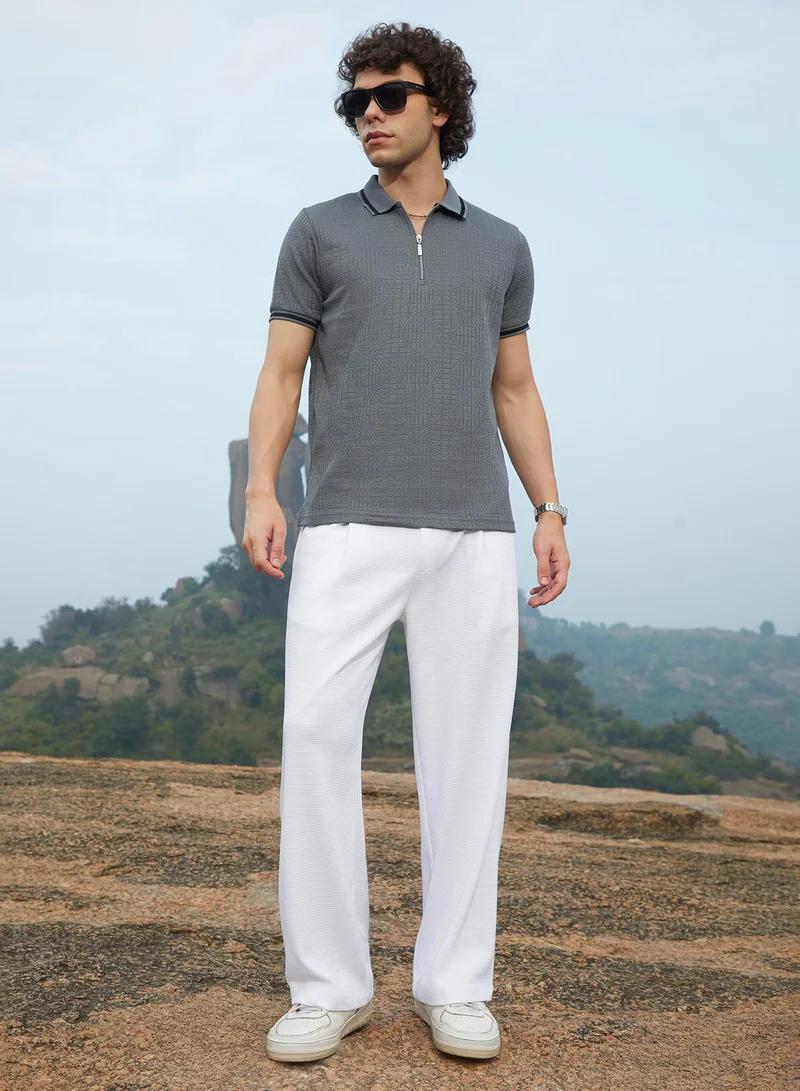 Campus Sutra Men's Moon Grey Oblique-Stripe Polo T-Shirt