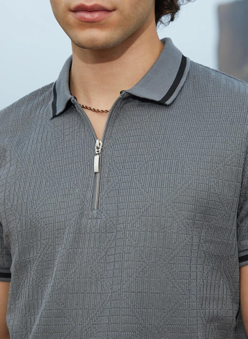 Campus Sutra Men's Moon Grey Oblique-Stripe Polo T-Shirt