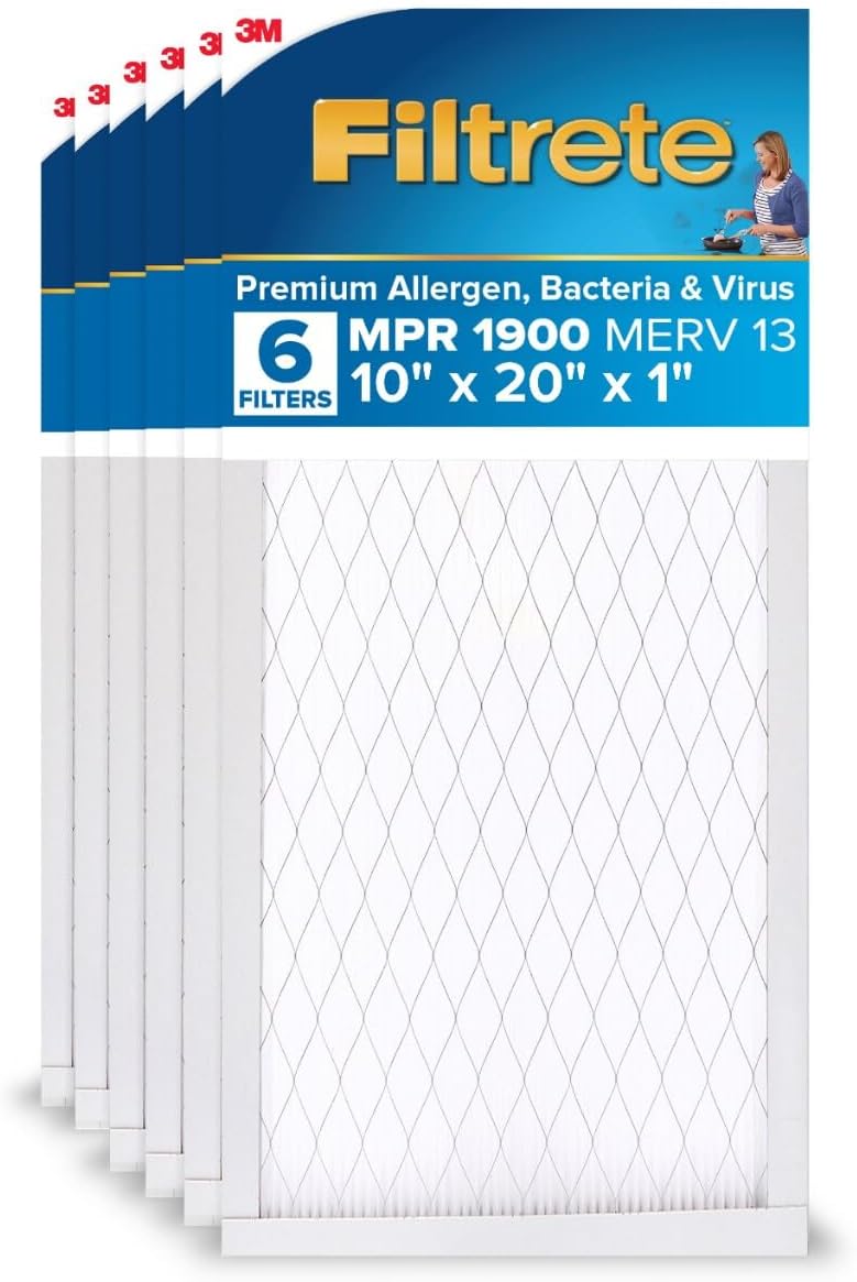 FILTRETE 10x20x1 AC Furnace Air Filter, MERV 13, MPR 1900, Premium Allergen, Bacteria & Virus Filter, 3-Month Pleated 1-Inch Electrostatic Air Cleaning Filter, 6-Pack (Actual Size 9.81x19.81x0.78 in) - Image 1
