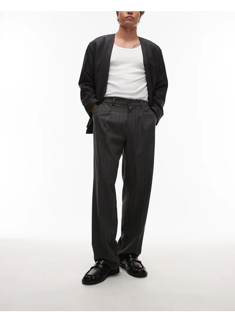 TOPMAN Topman Pin Stripe Wide Leg Smart Trousers In Grey