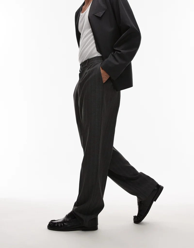 TOPMAN Topman Pin Stripe Wide Leg Smart Trousers In Grey