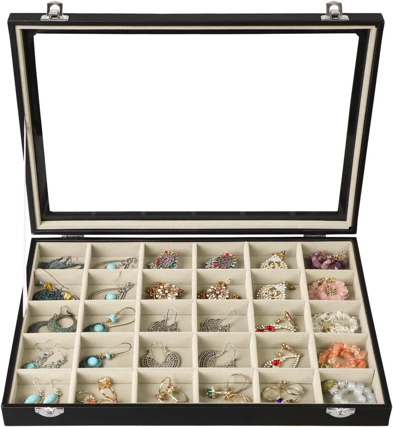 Stratalife Earring Organizer Jewelry Holder Organizer Drawer Earring Storage Jewelry Tray with Clear Lid Ring Box for Women Girls Anti Tarnish 30 Grid (Beige Black) - Image 1