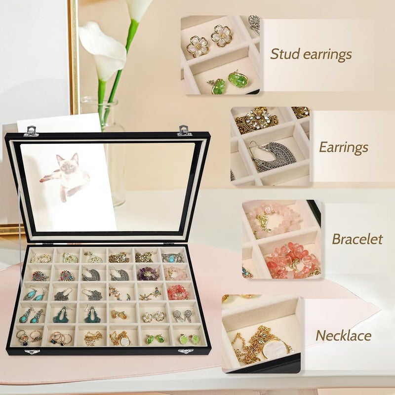Stratalife Earring Organizer Jewelry Holder Organizer Drawer Earring Storage Jewelry Tray with Clear Lid Ring Box for Women Girls Anti Tarnish 30 Grid (Beige Black) - Image 4