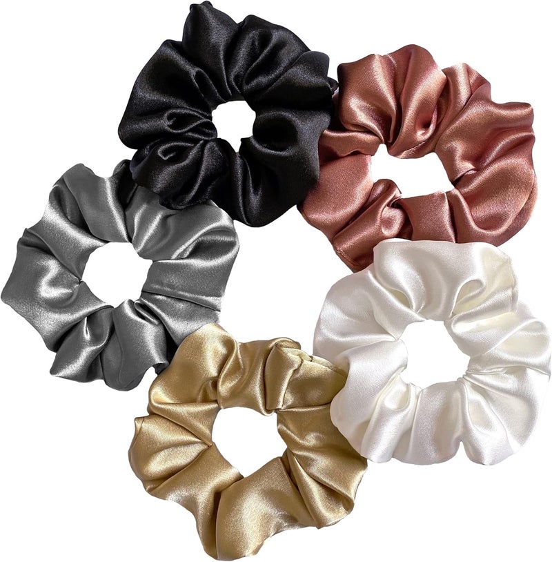 Silvr Bear Luxe Satin Scrunchies for Women | Pack of 5 | Satin Silk Hair Ties | Classic Shade (Classic Shades) - Image 1