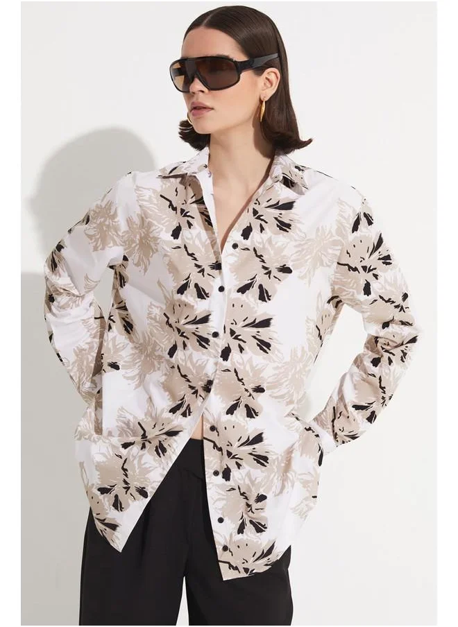 JUNE June Exclusive Patterned Cotton Shirt Beige