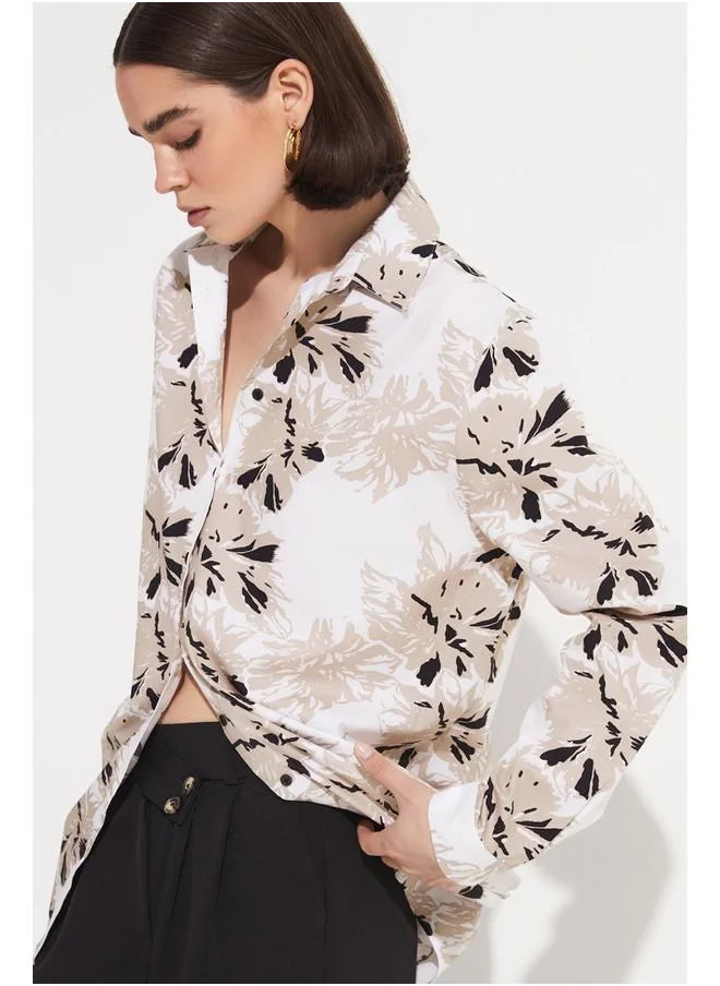 JUNE June Exclusive Patterned Cotton Shirt Beige
