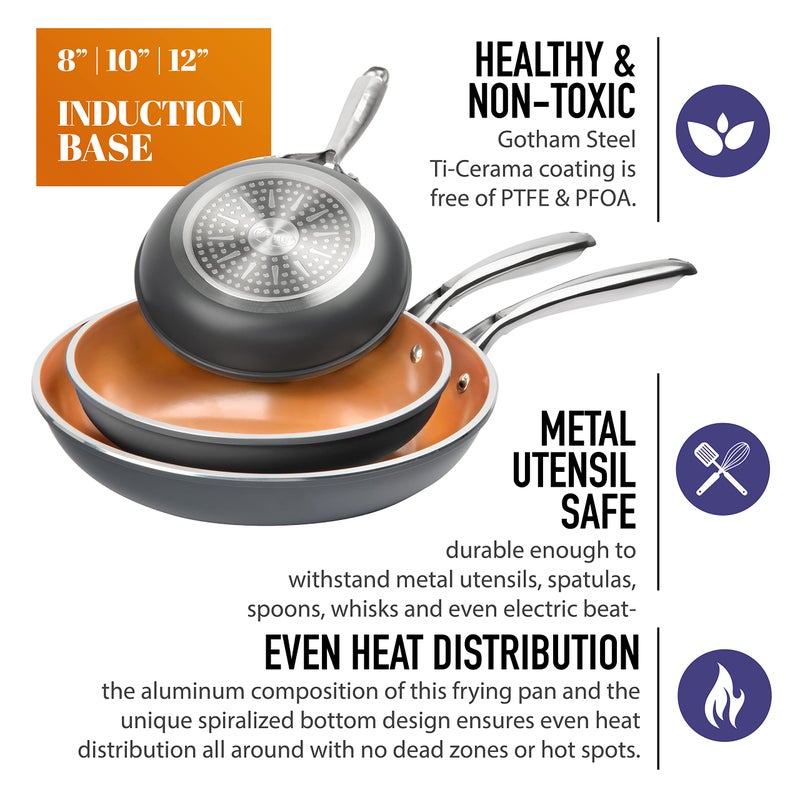 Gotham Steel Hard Anodized 8” 10” & 12” Premium Chef’s Skillet Set, with Ultimate Nonstick Ceramic & Titanium Coating, Oven and Dishwasher Safe, Brown, Large - Image 3