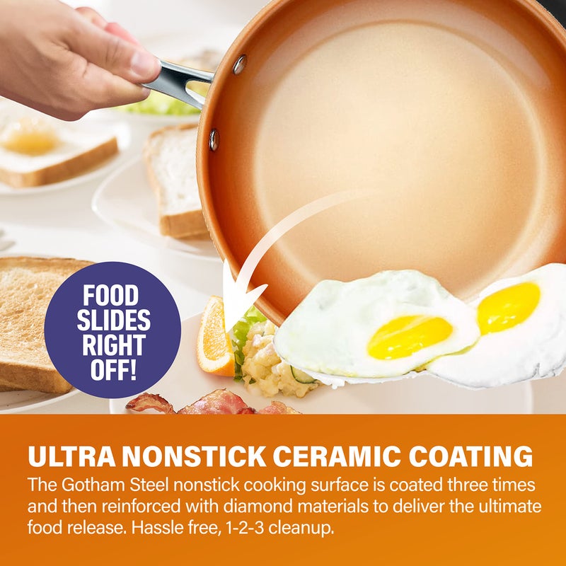 Gotham Steel Hard Anodized 8” 10” & 12” Premium Chef’s Skillet Set, with Ultimate Nonstick Ceramic & Titanium Coating, Oven and Dishwasher Safe, Brown, Large - Image 4