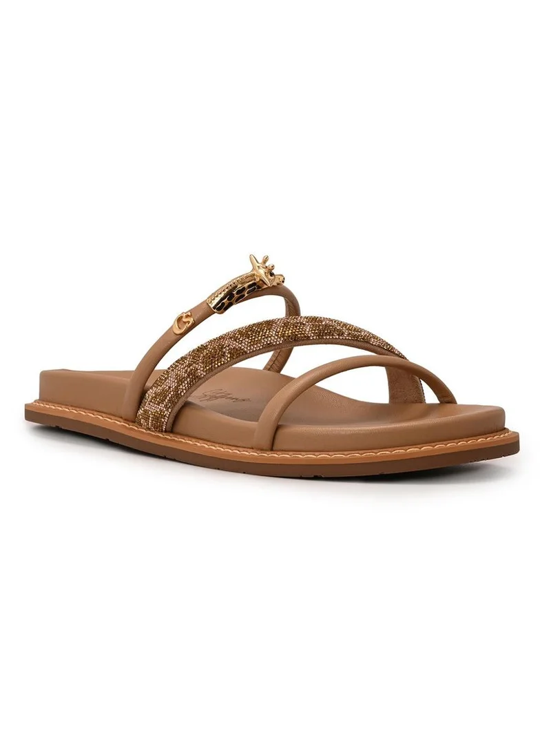Carmen Steffens Beige Camel Sandals with Giraffe Crystal and Metal Straps