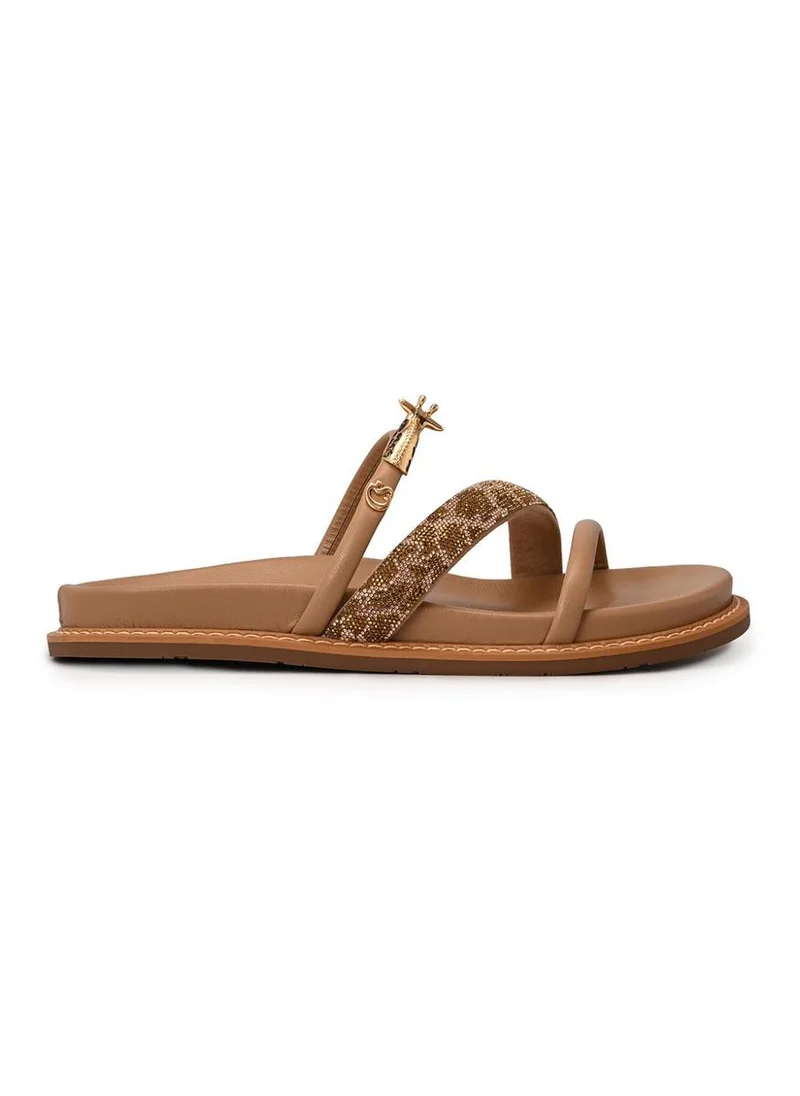 Carmen Steffens Beige Camel Sandals with Giraffe Crystal and Metal Straps