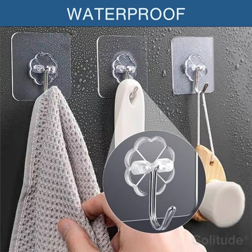 Solitude 50 Pieces PVC Heavy Duty Self Adhesive Stainless Hooks Transparent Waterproof and Oilproof Wall Hooks for Kitchen, Bathroom Shower Door Outdoor Home Improvement Utility Hook - Image 5