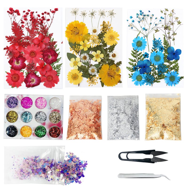 Cayway 82 PCS Natural Dried Pressed Flowers Leaves Glitter and Accessories Kit with Tweezers Scissors for DIY Candle Resin Jewelry Nail Pendant Crafts Art Floral Decoration