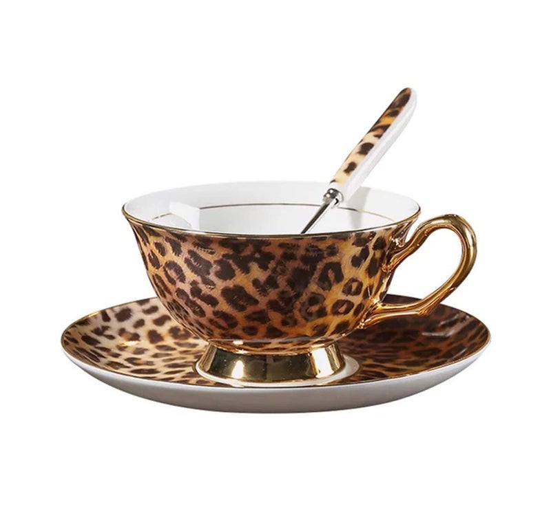 Eplze YBK Tech Euro Style Bone China Cup Saucer Set Ceramic Tea Coffee Cup for Home Kitchen Wedding Leopard Pattern