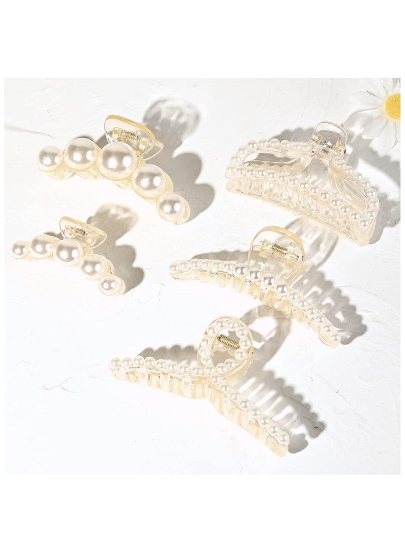 Large Pearl Hair Claw Clips,White Thick Long Jaw Clips Barrettes,Big Claw Clips,Hair Accessories for Women and Girls (5 Pcs) - Image 2