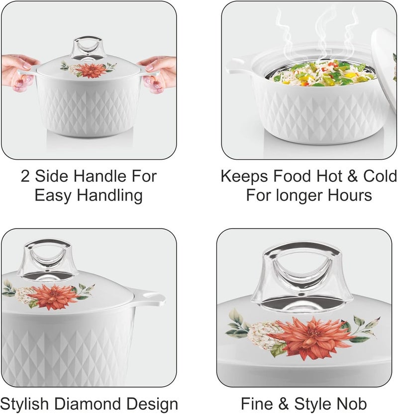 Asian Casserole Hotpot, Stainless Steel insulated Hot Pot, Food Warmer, Keeps Food Warm for Hours | Diamond | Set of 3 Pcs | 1.5L, 2.5L, 3.5L (White) - Image 4