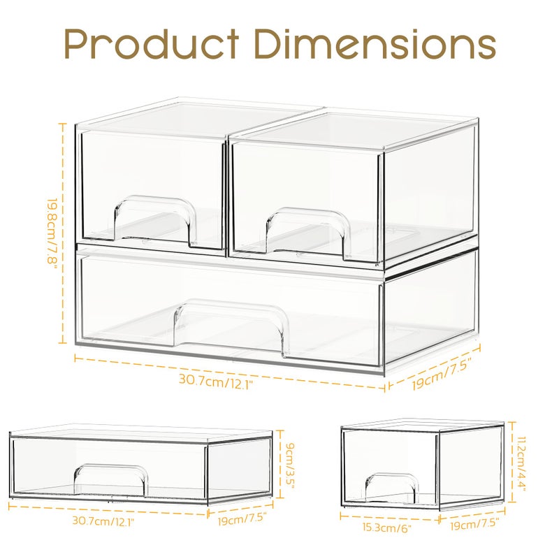 Criusia Stackable Storage Drawers, 3 Pack Clear Acrylic Makeup & Bathroom Organizer, Versatile Storage Bins for Vanity, Under Sink, Kitchen Cabinets & Pantry - Image 2