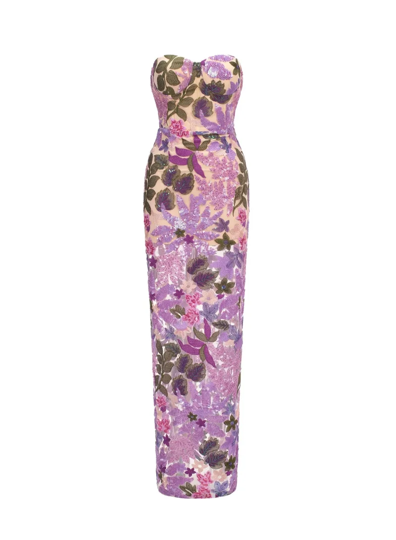Bella Barnett Eugenia Flower Sequins Strapless Mesh Dress - Purple