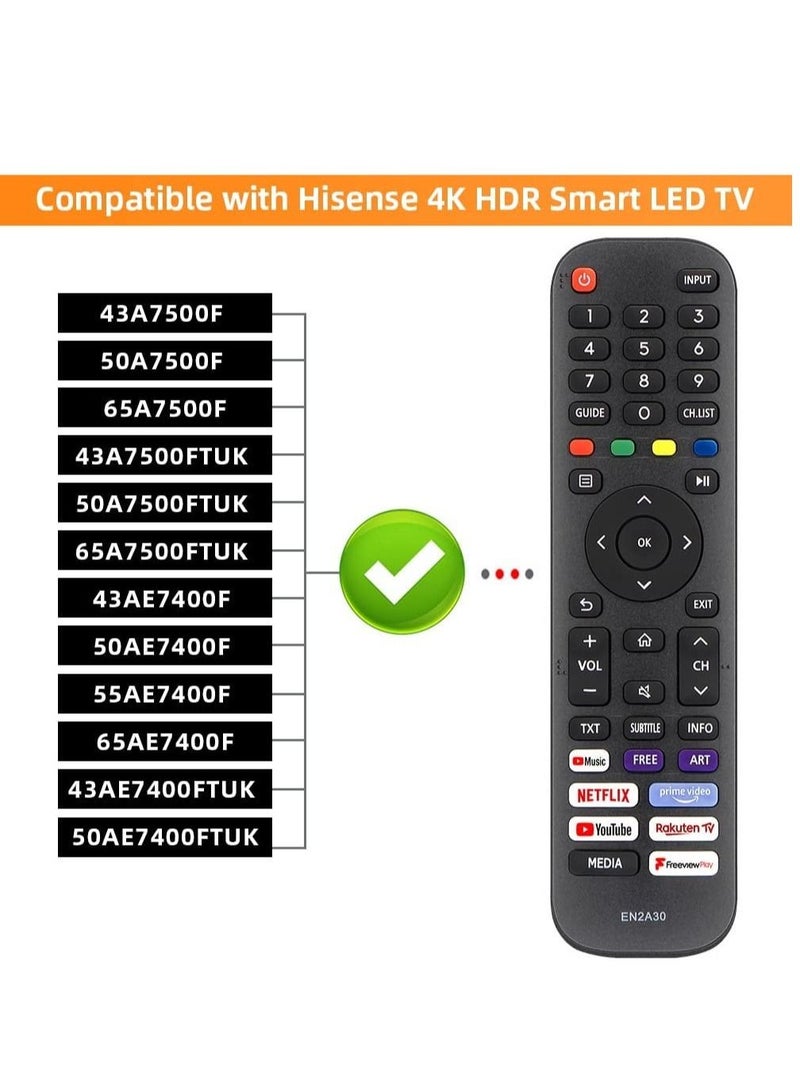 Raxoom EN2A30 HT266544 Remote Control for Hisense VIDAA 4K HDR Smart LED TV 43A7300FTUK 50A7300F 50A7300FTUK 55A7300F 55A7300FTUK 65A7300FTUK 55AE7200F 55AE7400FTUK - Image 2