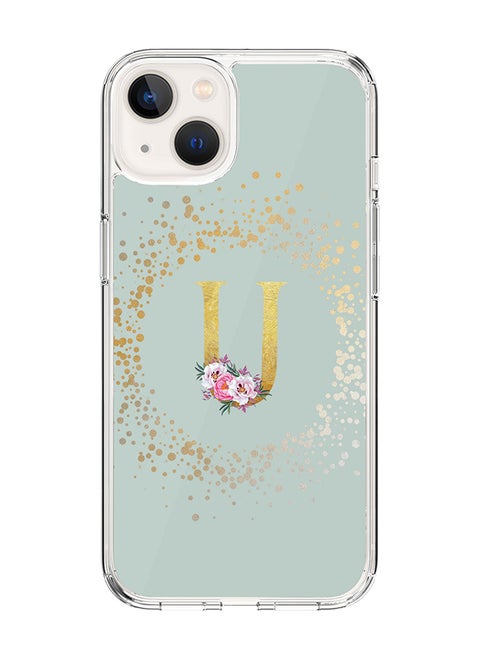 Classic Clear Case For iPhone 15, Hybrid Soft Case Flexible Edges Thin Cover- Custom Monogram Initial Letter Floral Pattern Alphabet - U(Light Green)